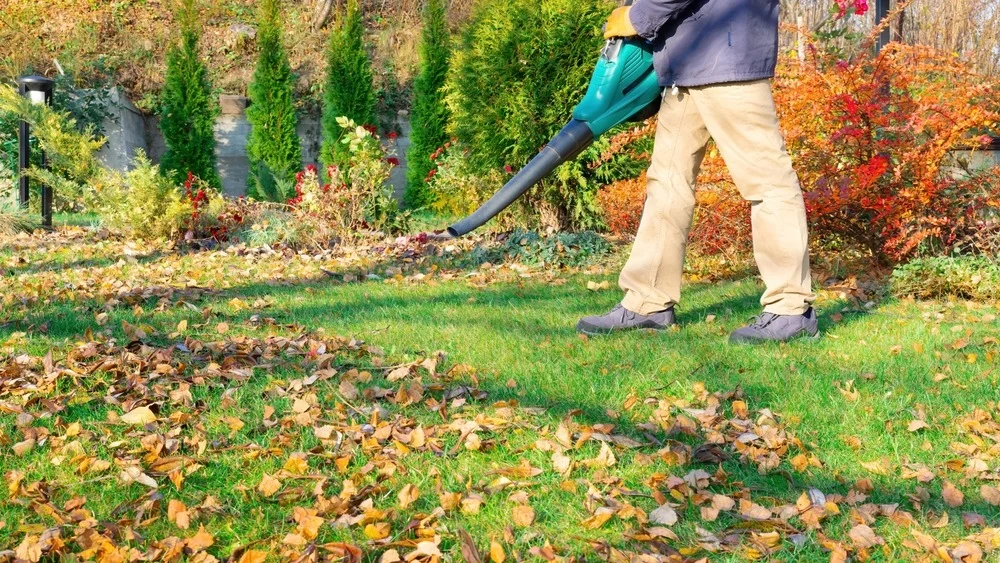 Handheld leaf blower to blow leaves and debris off a lawn in Collinsville, Oklahoma